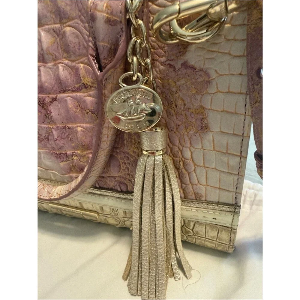 Brahmin Pink and Gold Croc-Embossed Satchel with Tassel